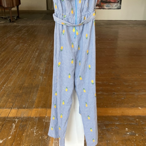 Blue and white striped jumpsuit, embroidered with pineapples and fabric belt - Picture 4 of 10